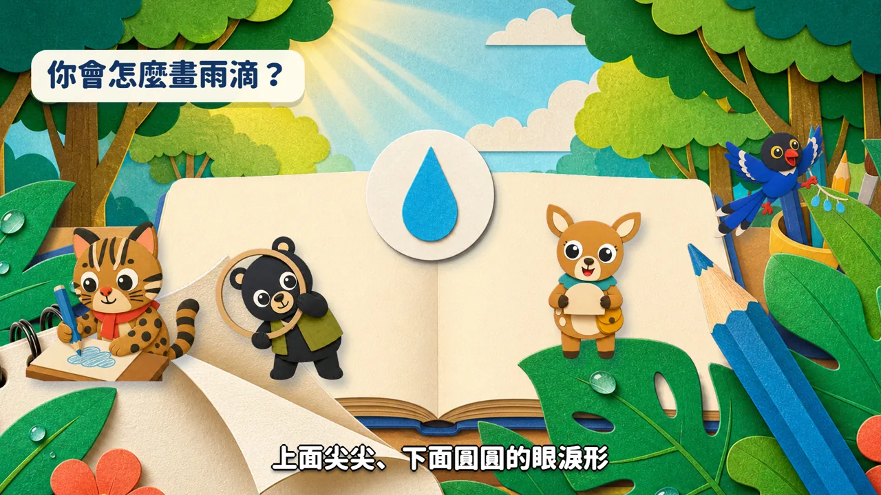 四位角色在森林工作桌上一起畫雨滴