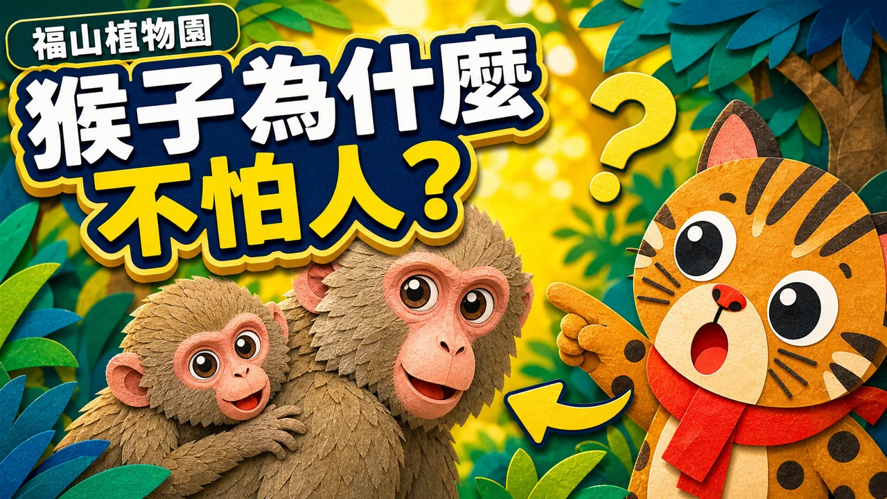 福山植物園的猴子為什麼不怕人影片封面，獼猴母子與石寶在森林裡