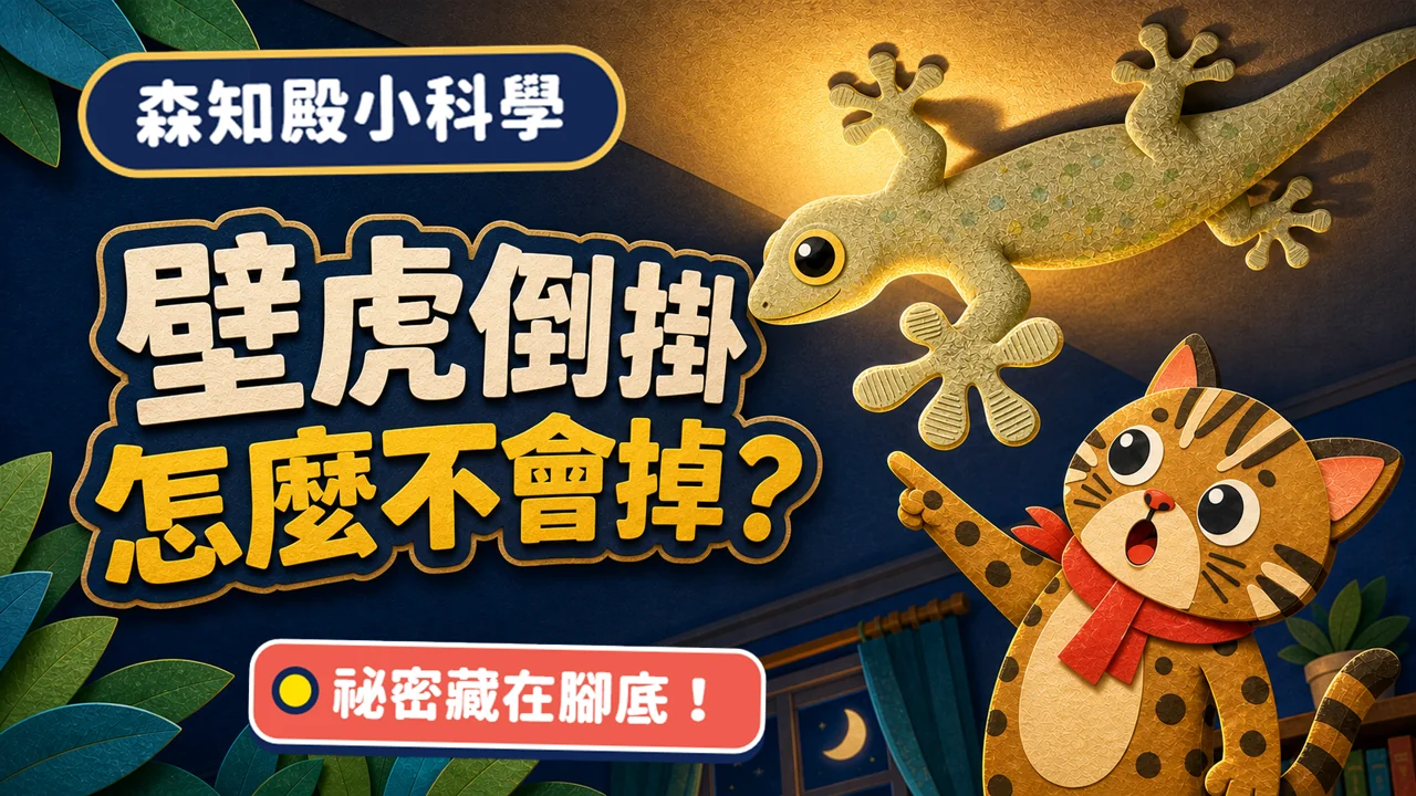 壁虎倒掛天花板影片封面，石寶指向壁虎腳底的黏附祕密