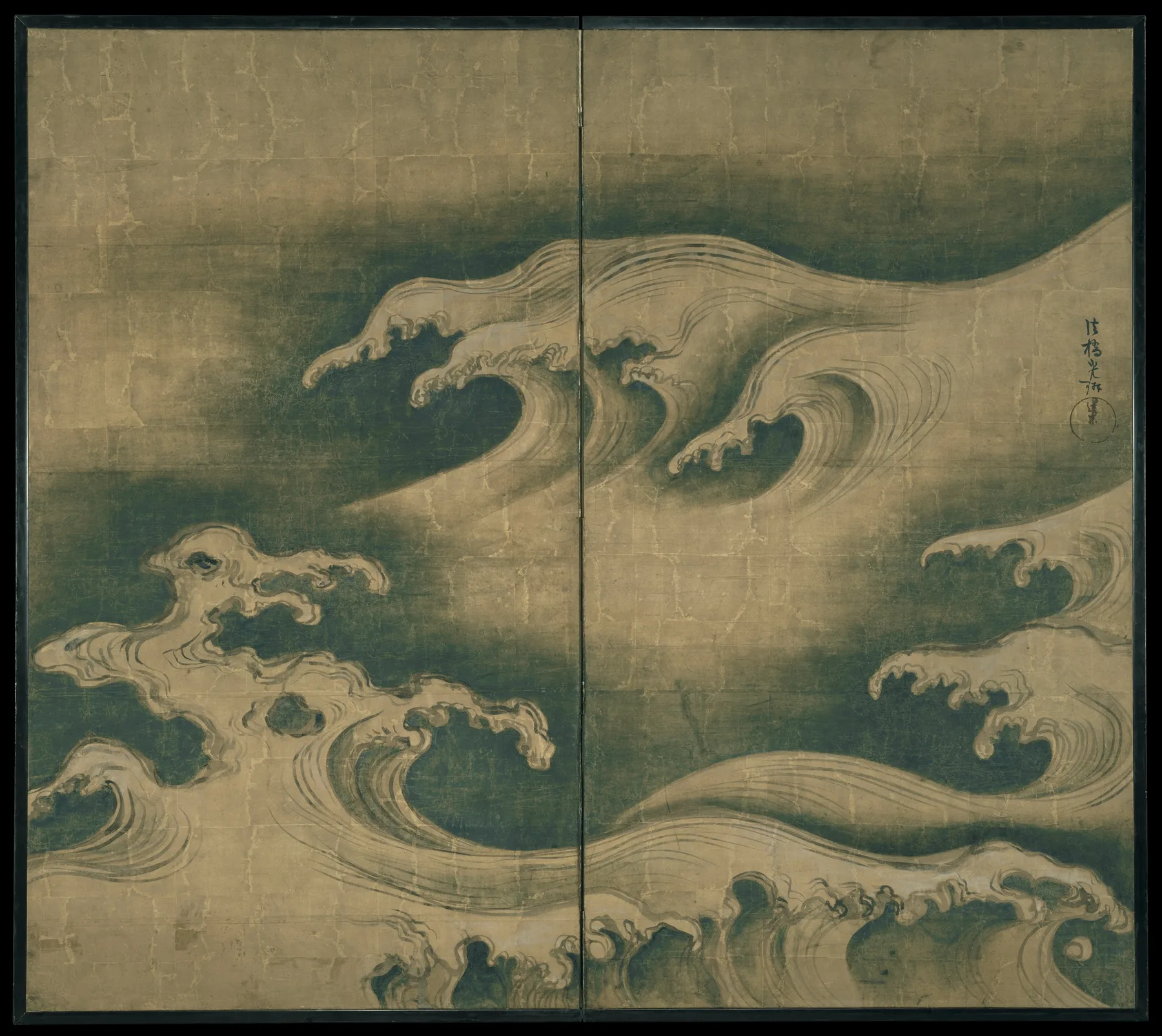 尾形光琳《波濤圖屏風》:二曲屏風上,墨色的巨浪在金箔底上翻捲,浪頭捲成勾狀的泡沫。