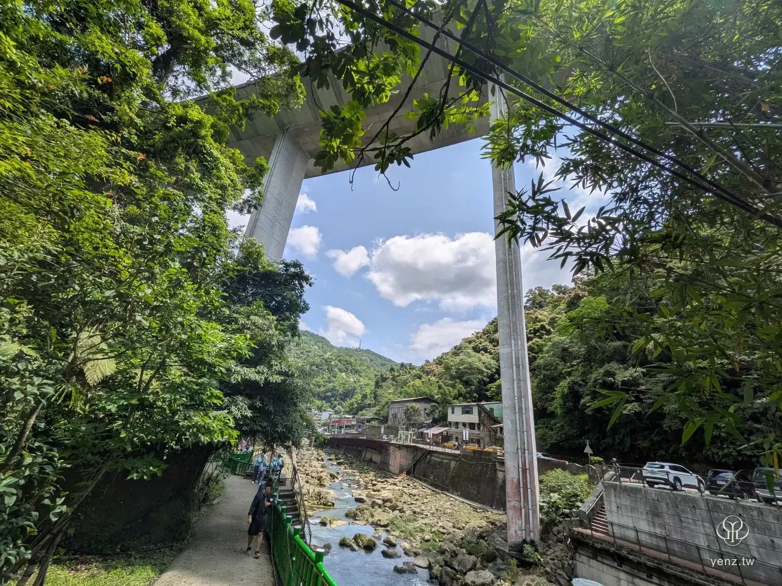 國五高架橋、烏塗溪與山谷形成石碇溪畔的大尺度地景。